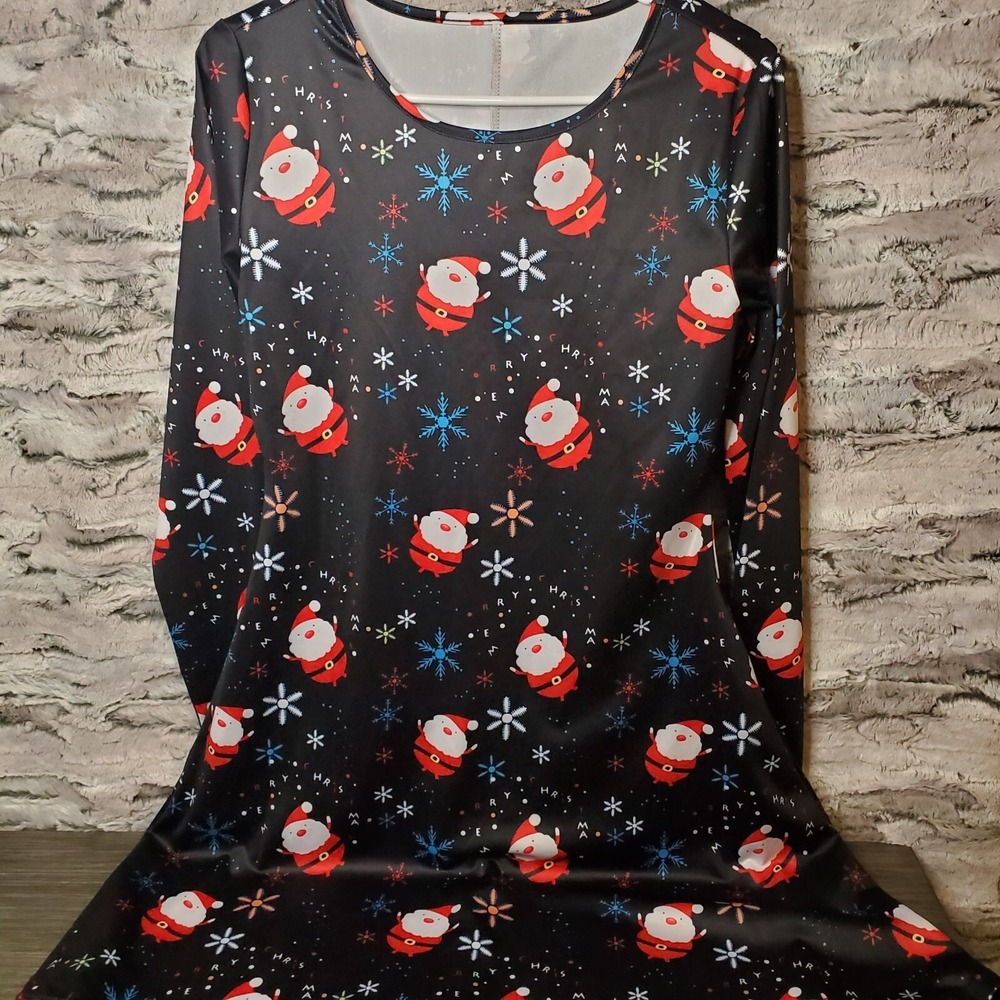 Women's Sm Black Long Sleeve Santa Claus Merry Christmas Holiday Novelty Dress